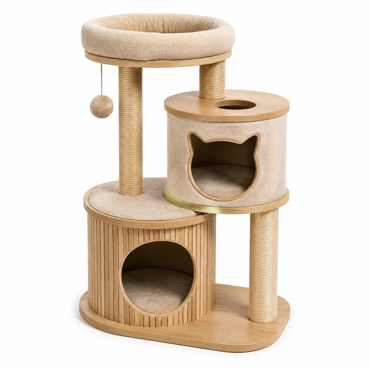 Arbre à chat multiniveau beige et marron clair, 80 x 48 x 112 cm, 2 niches, couchage supérieur et 3 poteaux en sisal