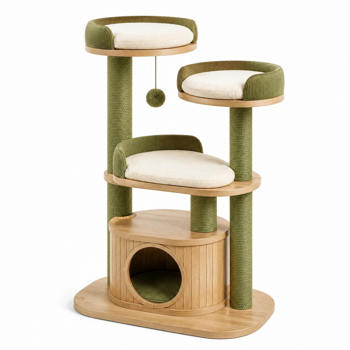 Arbre à chat en bois d'ingénierie, sisal et tissu vert olive avec 3 couchages, niche et griffoirs, 100 x 60 x 160 cm