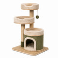Arbre à chat multiniveau 60 x 50 x 120 cm en bois, tissu doux et sisal, beige, vert olive et naturel, avec niche, 3 plateformes et griffoirs