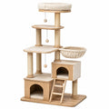 Arbre à chat multifonction en bois manufacturé, sisal et tissu, beige et bois naturel, 85 x 60 x 165 cm