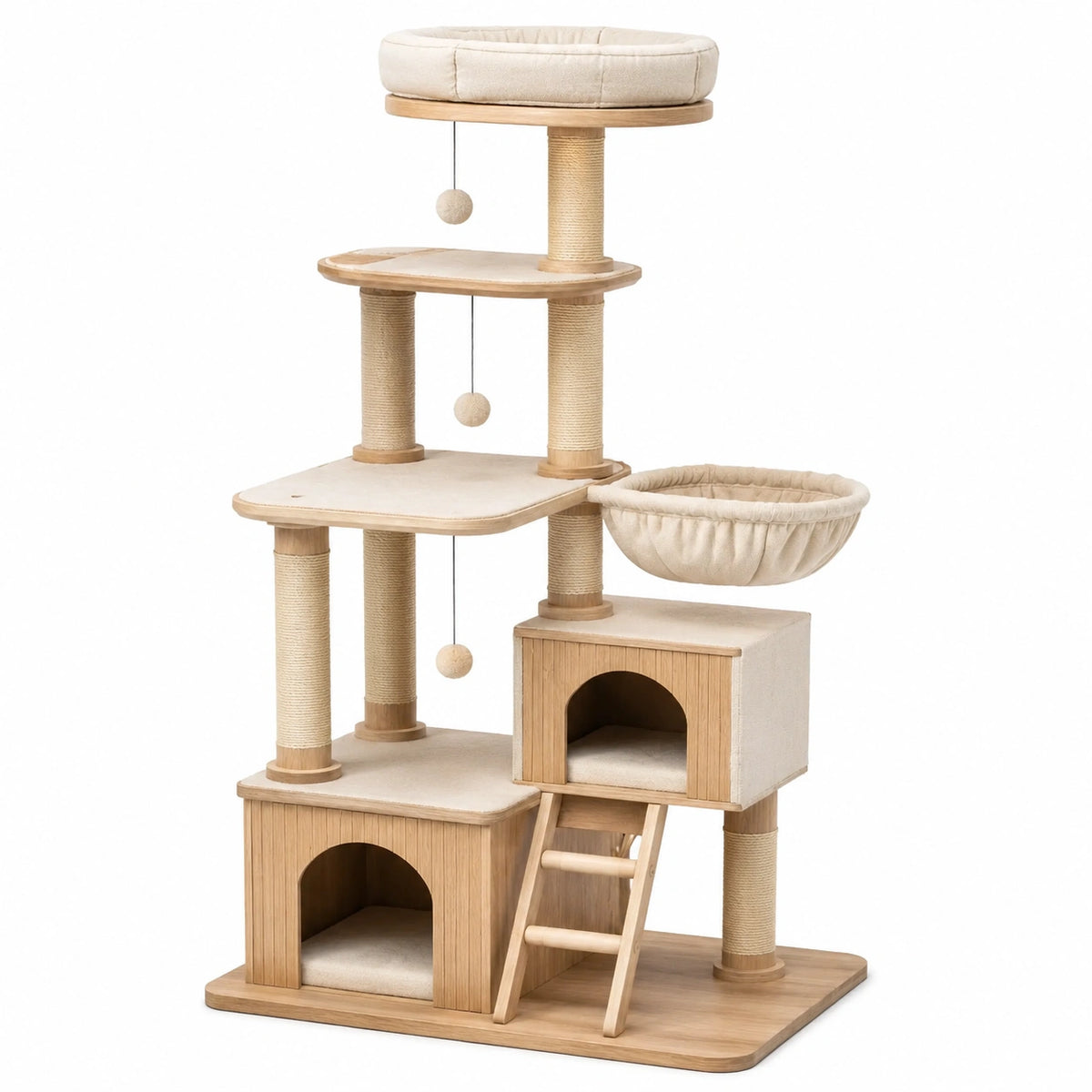 Arbre à chat multifonction en bois manufacturé, sisal et tissu, beige et bois naturel, 85 x 60 x 165 cm