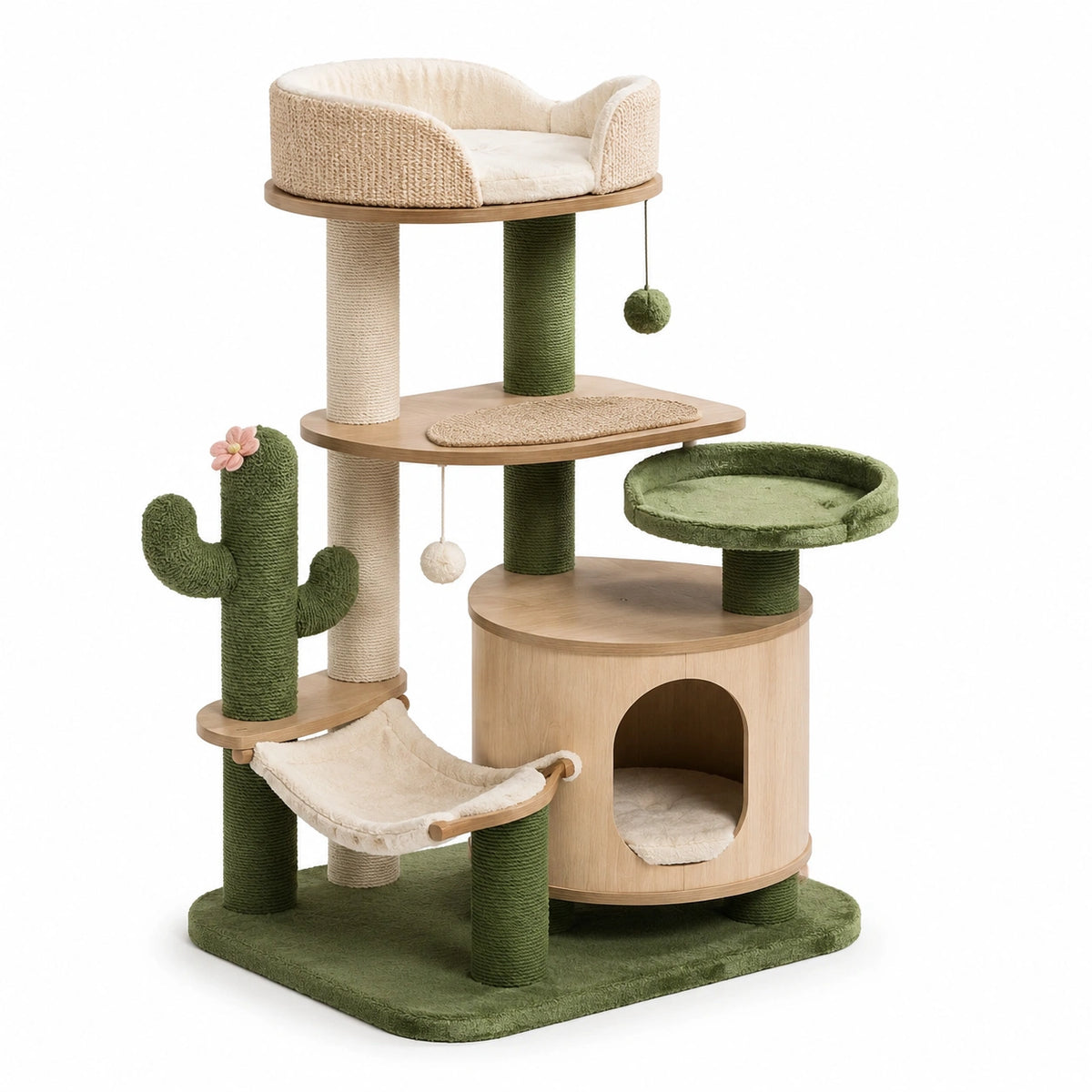 Arbre à chat multiniveau 95 x 60 x 160 cm en bois, sisal et peluche, vert, beige et bois naturel, avec niche, hamac et couchages