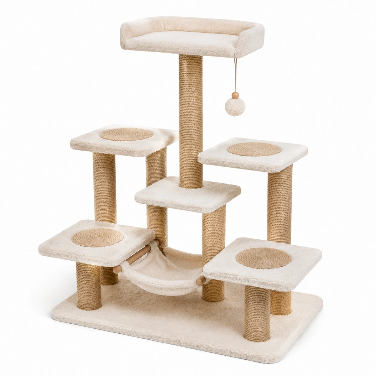 Arbre à chat multiniveau 120 x 60 x 150 cm en sisal et peluche beige naturel et crème avec plateformes, hamac et couchage