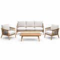 Ensemble d'extérieur 4 pièces en bois naturel, coussins beiges et cordage gris – canapé 3 places 190 cm, 2 fauteuils 72 cm et table basse 110 cm