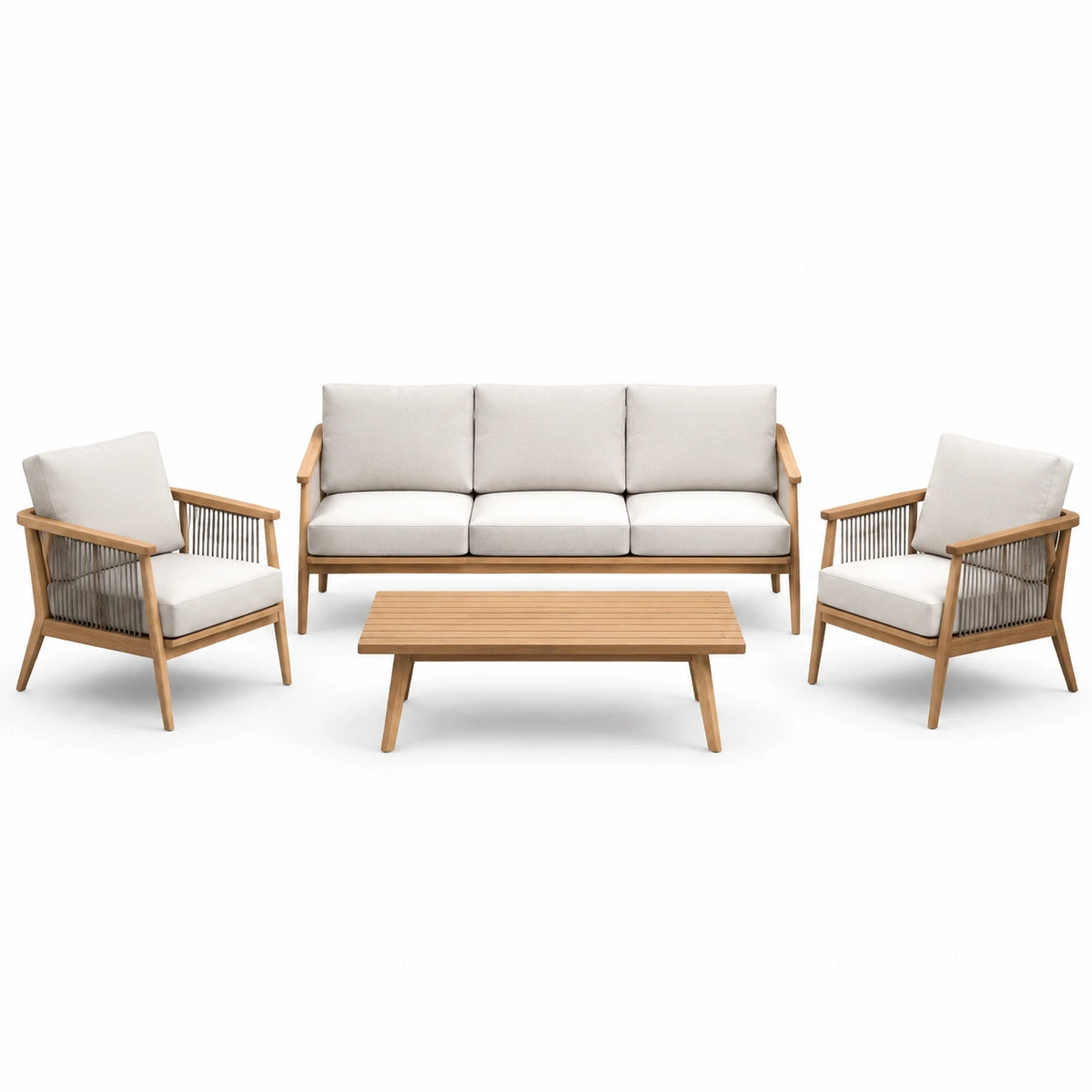 Ensemble d'extérieur 4 pièces en bois naturel, coussins beiges et cordage gris – canapé 3 places 190 cm, 2 fauteuils 72 cm et table basse 110 cm