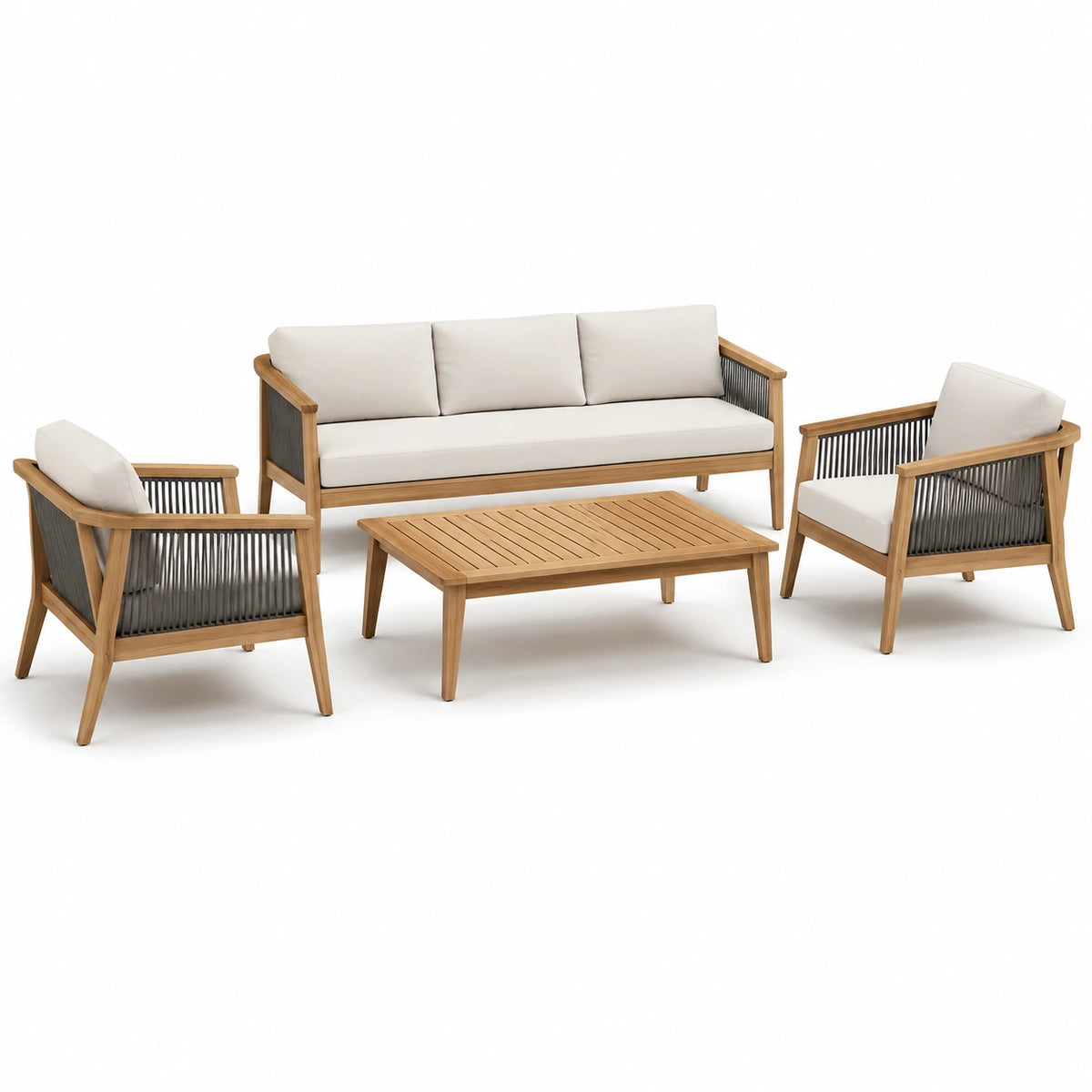 Salon de jardin 4 pièces en bois brun, corde grise et tissu écru – canapé 190 x 78 x 77 cm, fauteuils 72 x 78 x 77 cm, table 110 x 60 x 40 cm
