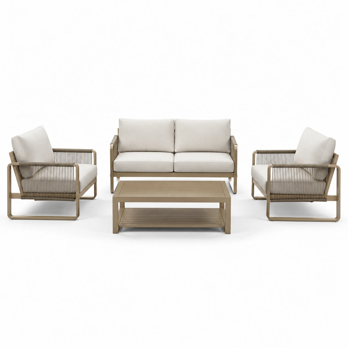 Ensemble d'extérieur 4 pièces taupe et écru, canapé 150 x 80 x 80 cm, fauteuils 75 x 80 x 80 cm et table 110 x 60 x 42 cm
