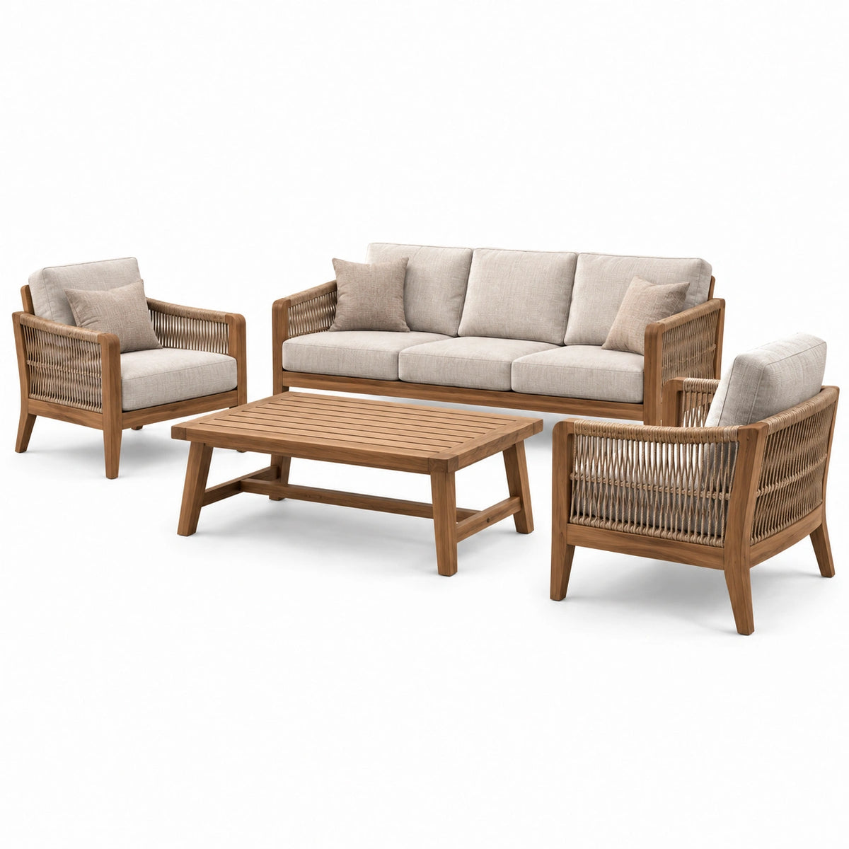 Ensemble de jardin 4 pièces brun et beige avec canapé 3 places 190 x 82 x 78 cm, 2 fauteuils 74 x 80 x 78 cm et table basse 110 x 60 x 42 cm