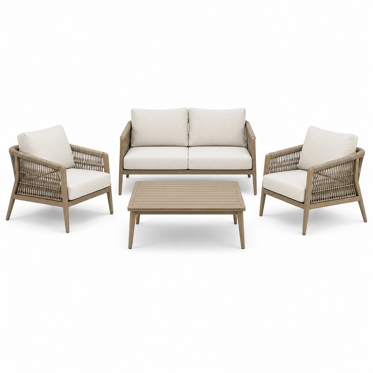 Ensemble de jardin 4 pièces taupe et écru avec canapé 134 x 75 x 77 cm, 2 fauteuils 70 x 75 x 77 cm et table 90 x 55 x 38 cm