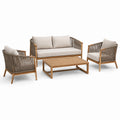 Salon de jardin 4 pièces en bois et corde tressée, canapé 158 x 76 x 78 cm, fauteuils 75 x 76 x 78 cm, table 110 x 60 x 38 cm, marron, taupe et beige