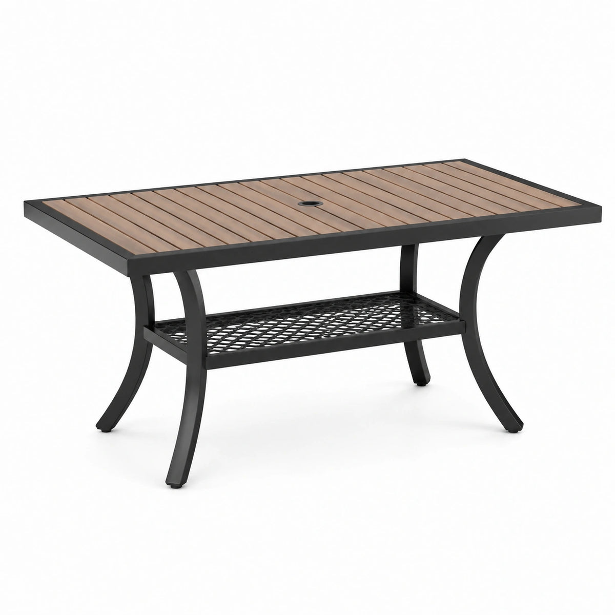 Table basse de jardin rectangulaire à plateau effet bois brun et structure noire, 102 x 61 x 51 cm