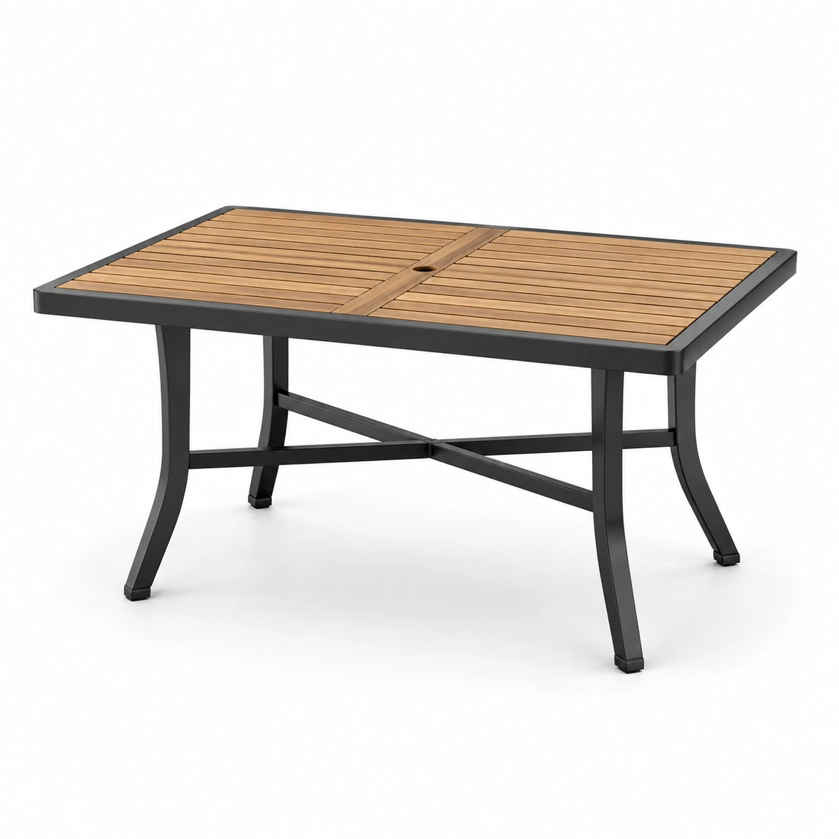 Table de jardin rectangulaire marron et noire avec trou pour parasol, 150 x 90 x 74 cm