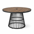 Table de jardin ronde avec trou pour parasol, métal noir et plateau marron aspect bois, Ø 110 x H 75 cm