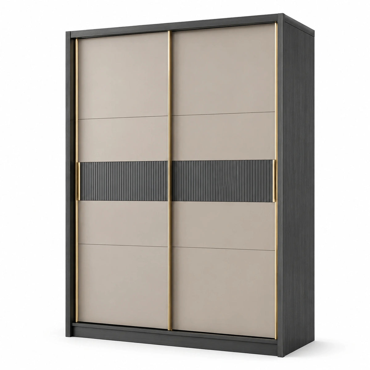 Armoire contemporaine à 2 portes coulissantes noire, beige et dorée, 180 x 60 x 220 cm