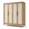 Armoire contemporaine à 4 portes en bois manufacturé et textile, chêne clair, beige et doré, 200 x 60 x 220 cm