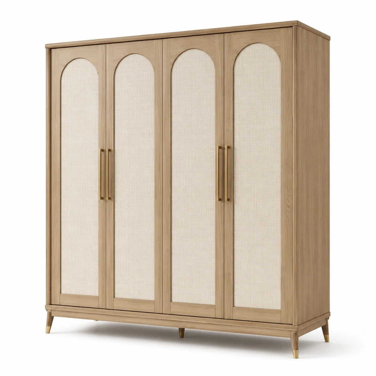 Armoire contemporaine à 4 portes en bois manufacturé et textile, chêne clair, beige et doré, 200 x 60 x 220 cm