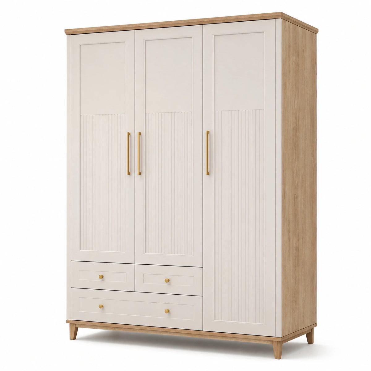 Armoire à 3 portes et 3 tiroirs, blanc cassé et chêne clair, 150 x 55 x 200 cm