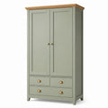 Armoire vert sauge et bois naturel 100 x 55 x 190 cm, 2 portes, 3 tiroirs et poignées couleur laiton