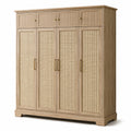 Armoire de rangement à 8 portes, 180 x 55 x 200 cm, effet chêne clair, cannage beige et détails dorés