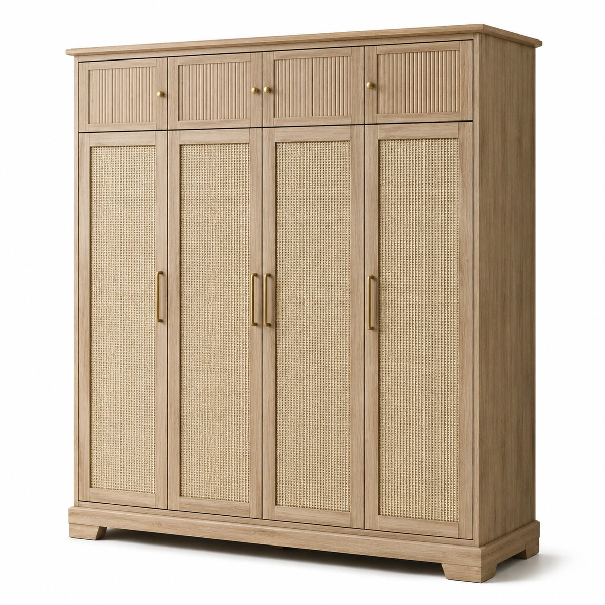 Armoire de rangement à 8 portes, 180 x 55 x 200 cm, effet chêne clair, cannage beige et détails dorés