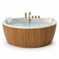Baignoire ronde en acrylique blanc Ø 180 x H 70 cm, habillage marron aspect bois et robinetterie dorée