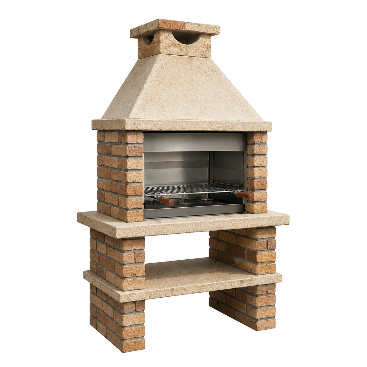 Barbecue fixe avec cheminée, grille métallique et tablette, beige, marron et gris argenté, 110 x 65 x 210 cm