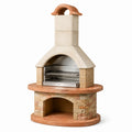 Barbecue fixe avec cheminée en pierre reconstituée beige et acier inoxydable, 110 x 65 x 210 cm