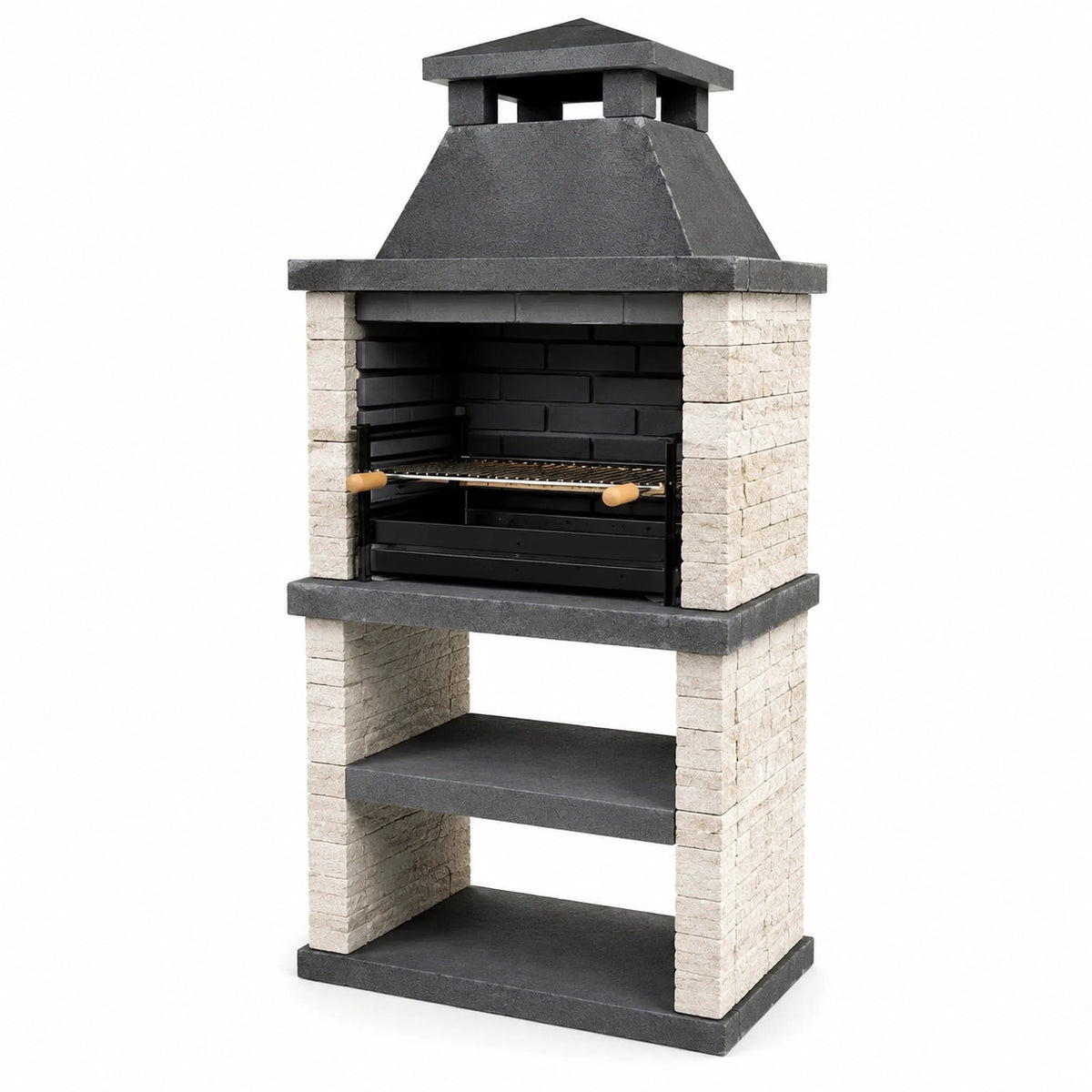 Barbecue fixe en pierre reconstituée et acier avec hotte, cheminée et grille réglable – Blanc, gris anthracite et noir – 110 x 65 x 220 cm