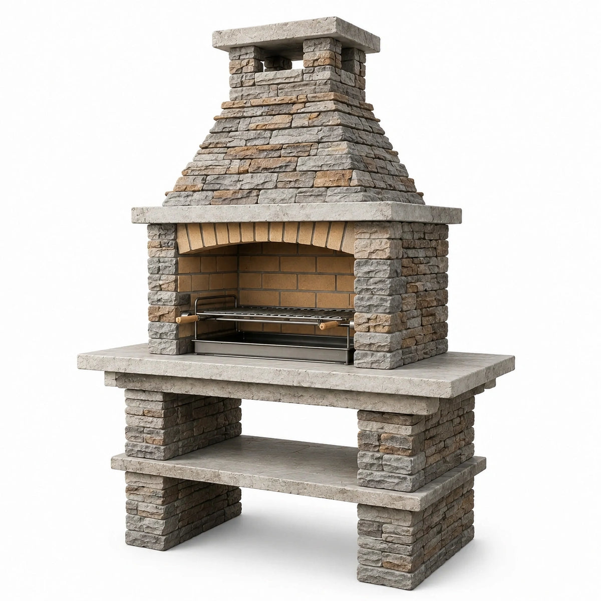 Barbecue fixe de jardin en pierre reconstituée grise et briques beiges avec cheminée et grille, 160 x 70 x 240 cm