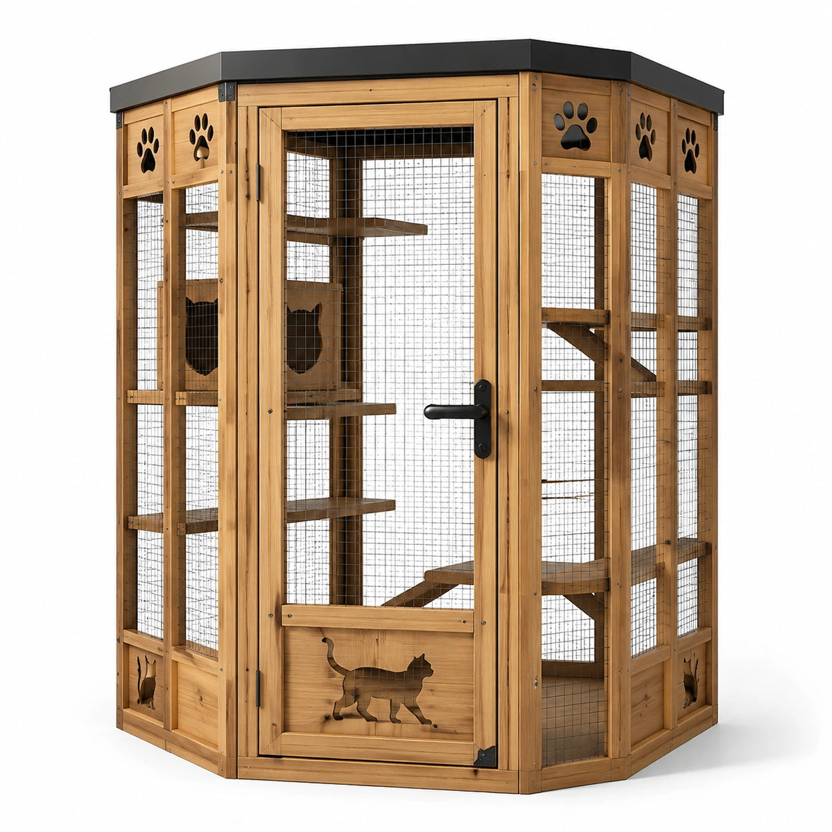 Enclos extérieur pour chat en bois naturel et grillage noir, 120 x 120 x 180 cm, avec plateformes et rampes