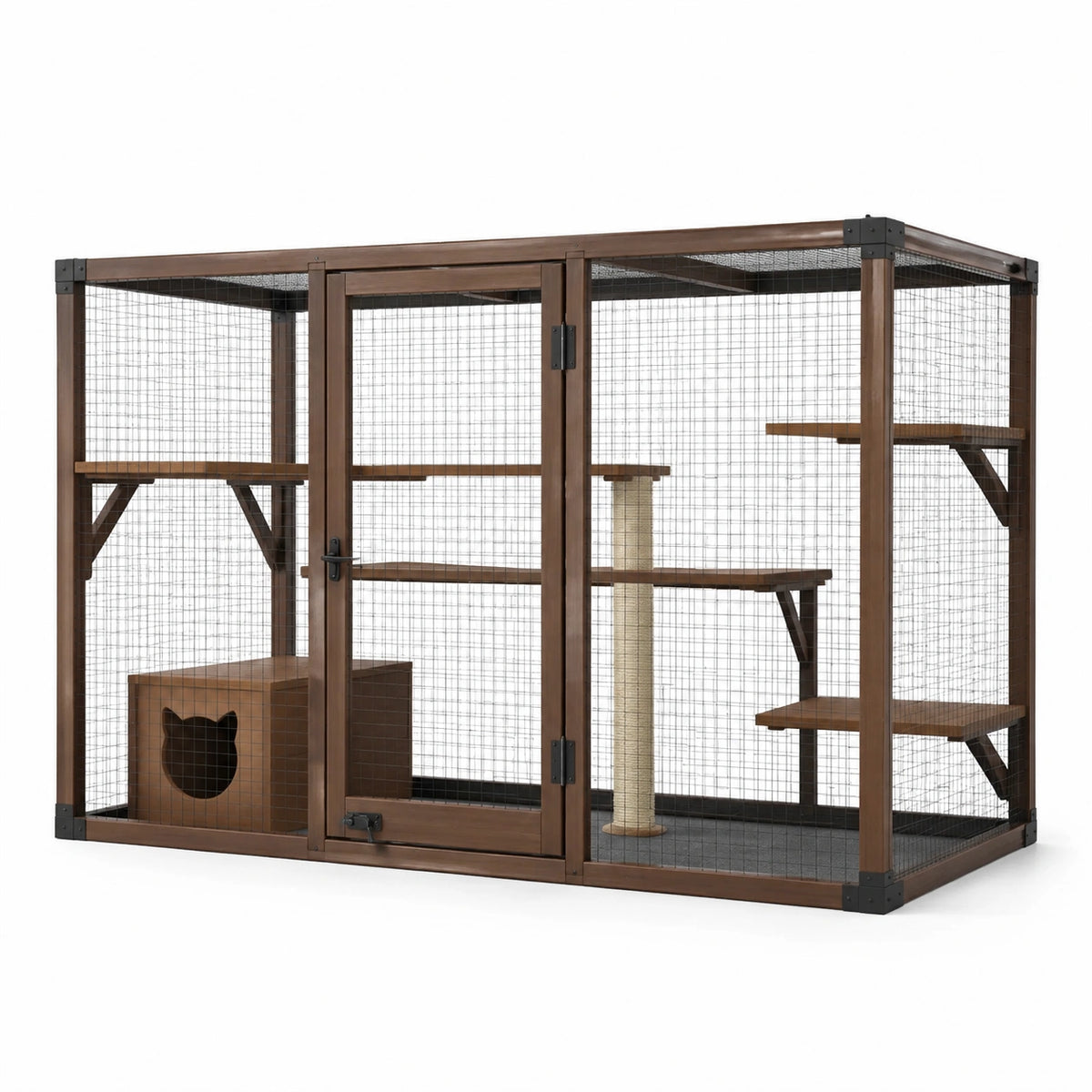 Enclos pour chats en bois brun avec grillage noir, plateformes, maisonnette et griffoir, 180 x 90 x 150 cm