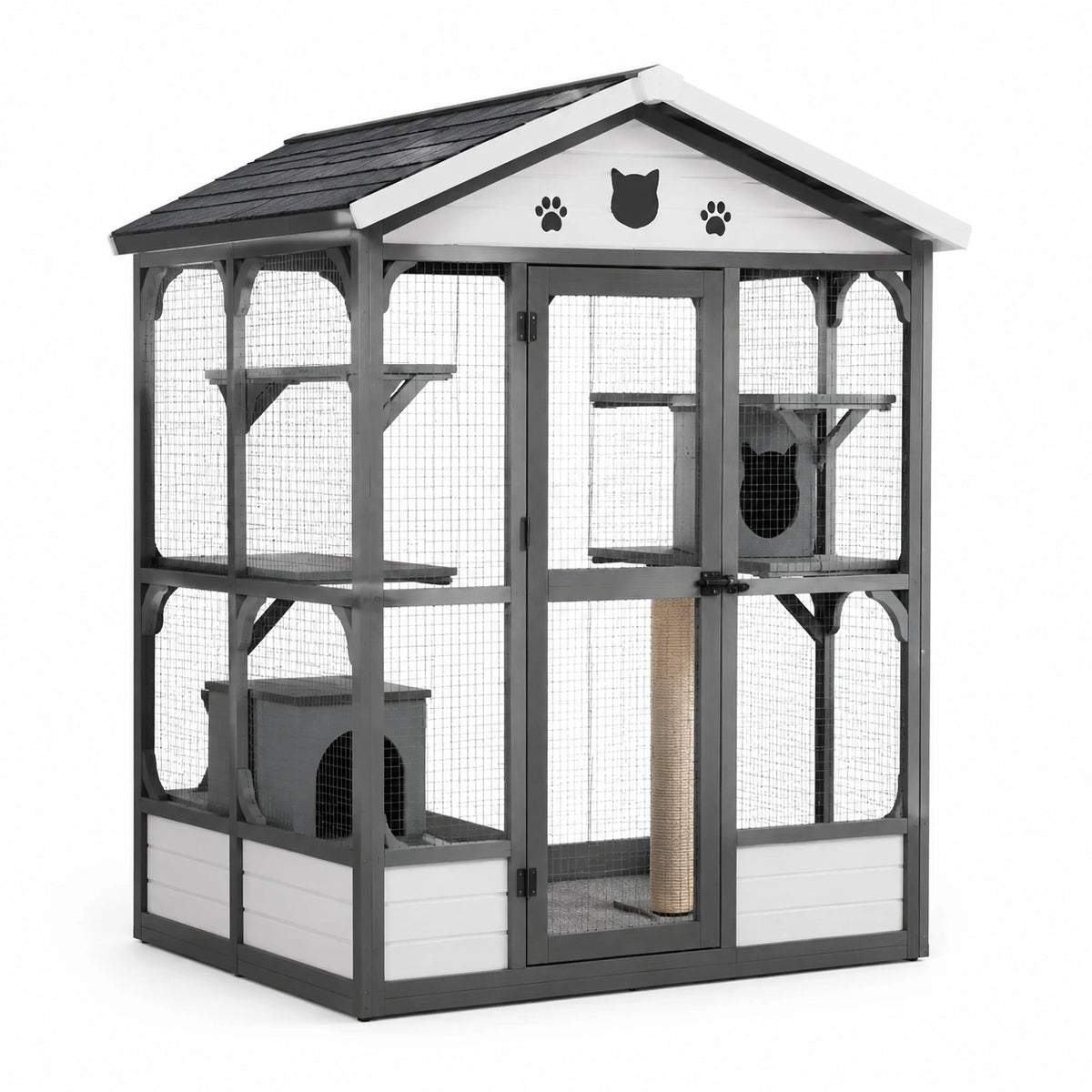 Enclos pour chat en bois gris, blanc et noir, 180 x 120 x 200 cm, avec toit, plateformes, abris et griffoir