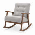 Fauteuil à bascule rétro en tissu gris clair et bois brun, 69 x 84 x 92 cm