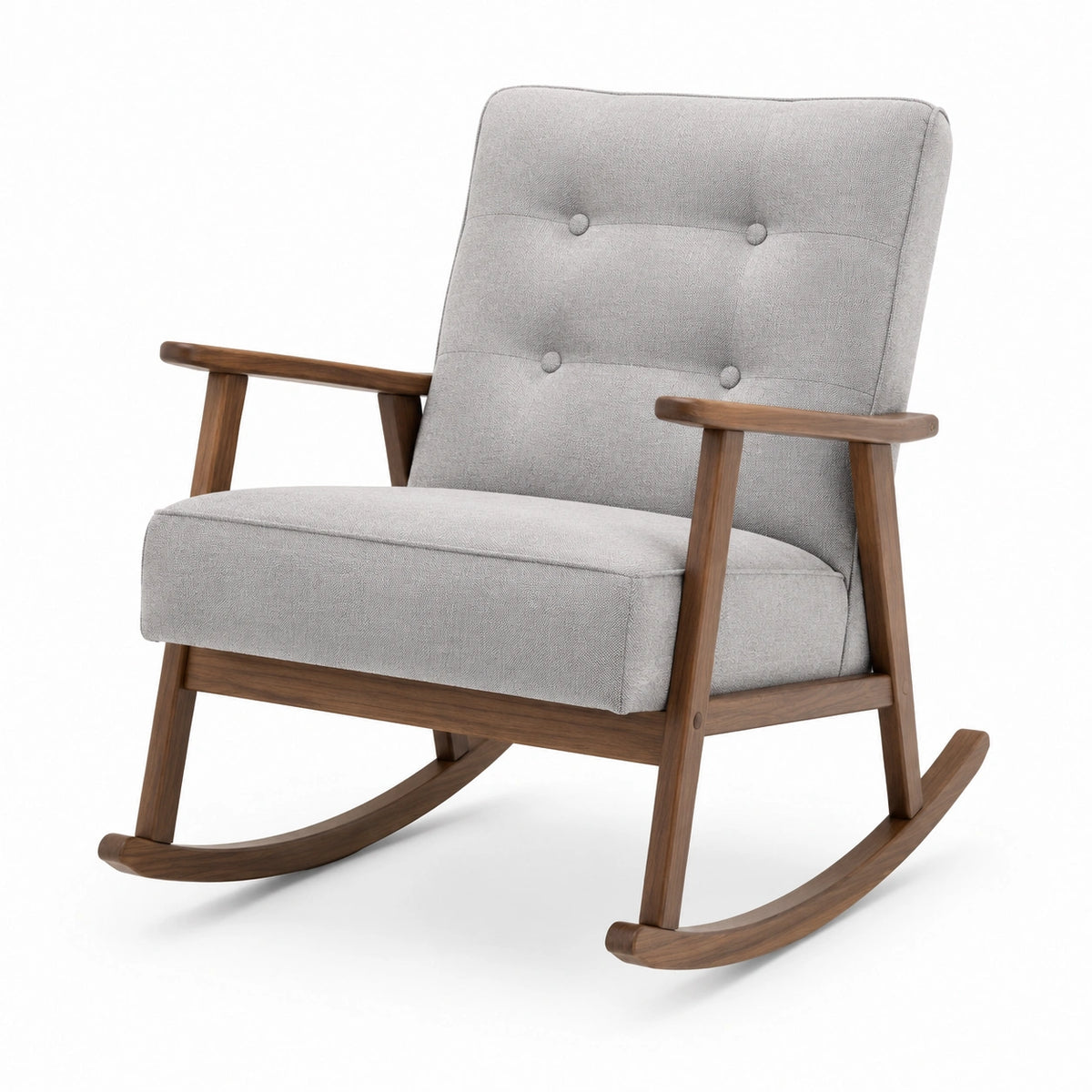 Fauteuil à bascule rétro en tissu gris clair et bois brun, 69 x 84 x 92 cm