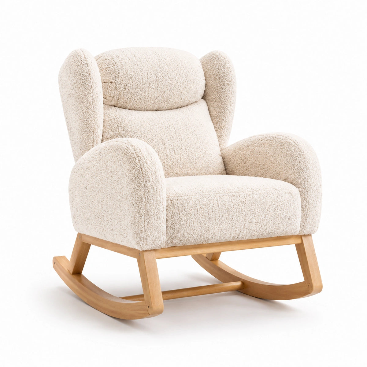 Fauteuil à bascule contemporain en tissu bouclé crème et bois clair, 78 x 96 x 102 cm