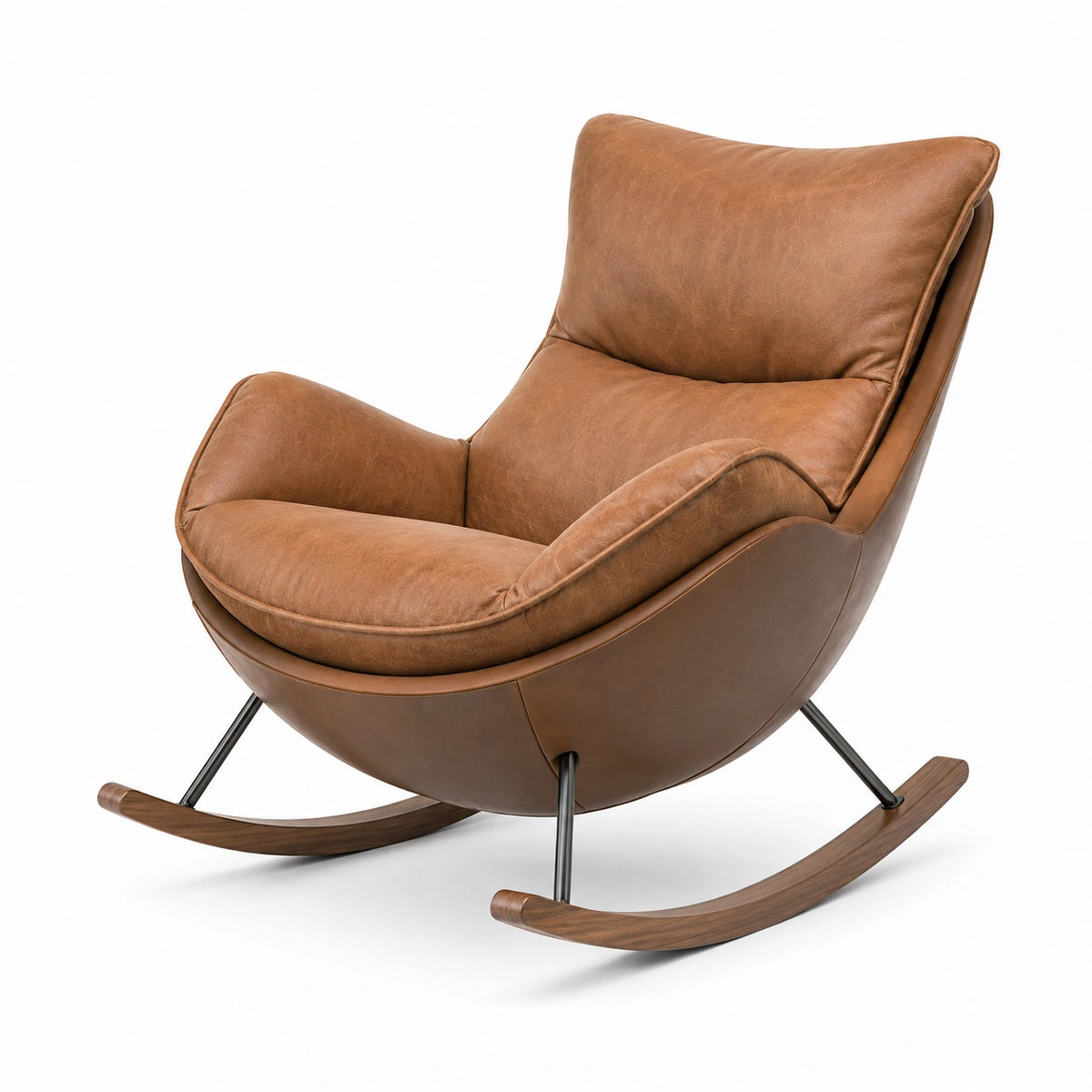 Fauteuil à bascule marron aspect cuir avec structure en métal noir et patins en bois, 100 x 95 x 98 cm