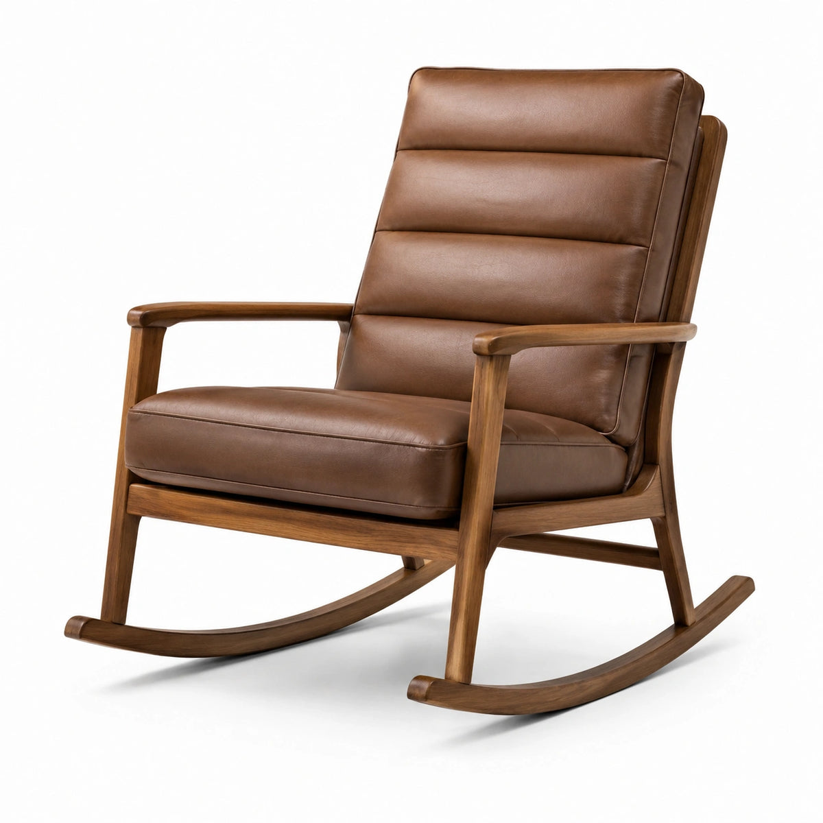 Fauteuil à bascule rétro en bois brun avec revêtement marron aspect cuir, 72 x 90 x 101 cm