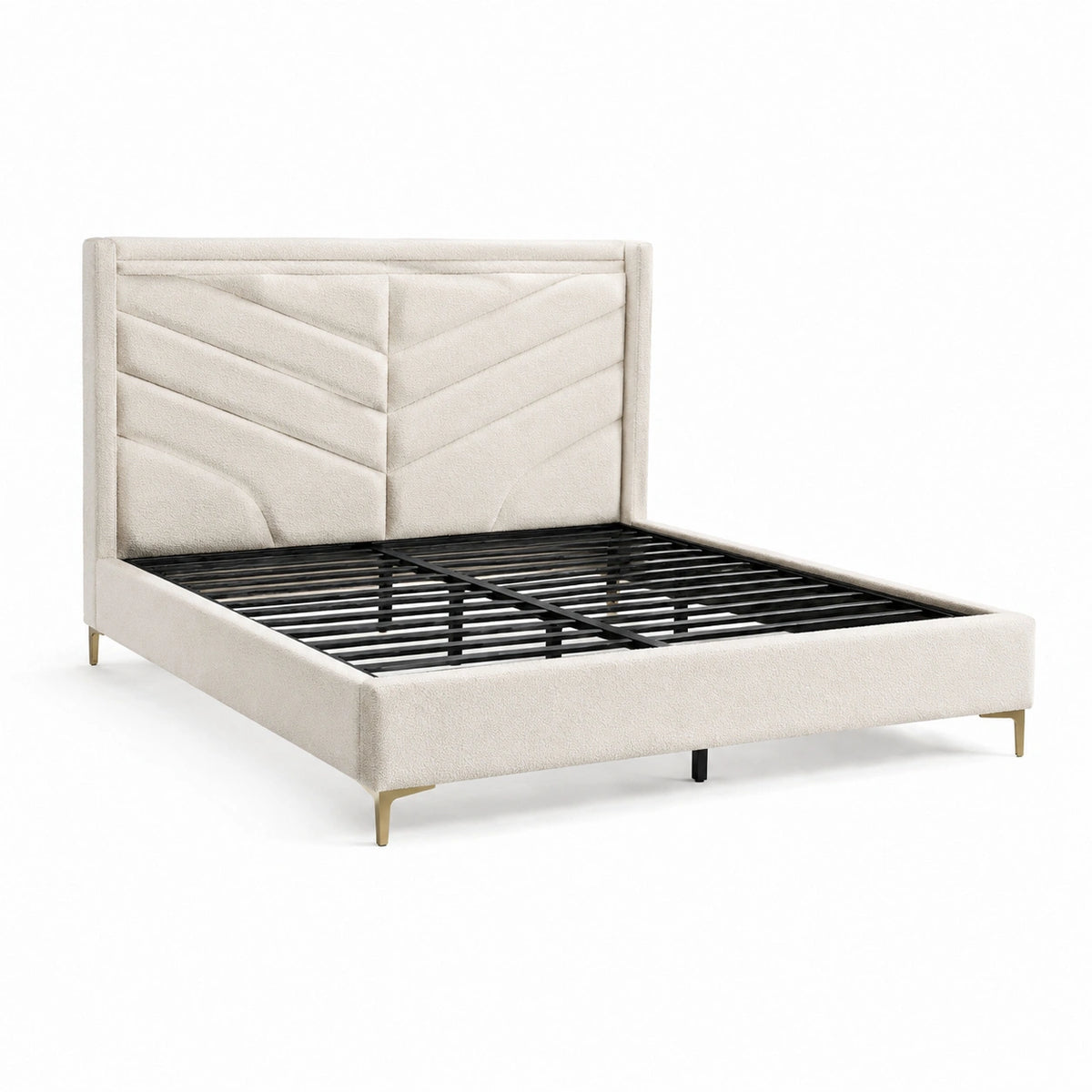 Lit double rembourré beige 160 x 200 cm, dimensions 220 x 170 x 120 cm, tête de lit géométrique et sommier à lattes métalliques