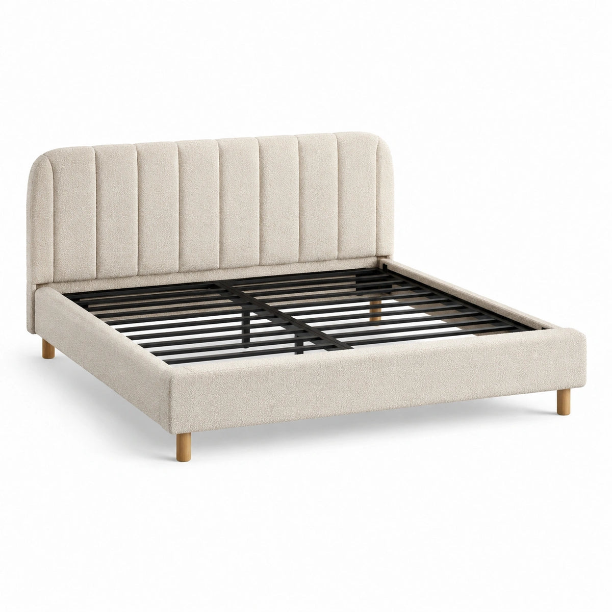 Lit double beige en tissu bouclé avec tête de lit rembourrée et sommier à lattes métalliques, matelas 160 x 200 cm, dimensions 218 x 172 x 105 cm