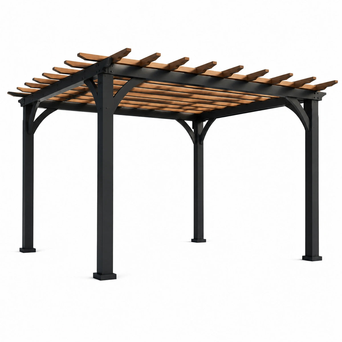 Pergola autoportante en métal noir et bois brun avec toit ajouré, 400 x 300 x 250 cm