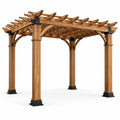 Pergola de jardin autoportante en bois brun et métal noir, 427 x 305 x 254 cm, toit ajouré