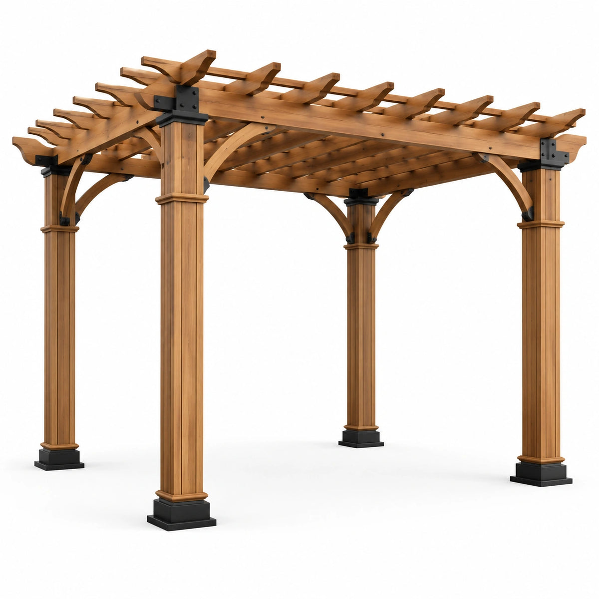 Pergola de jardin autoportante en bois brun et métal noir, 427 x 305 x 254 cm, toit ajouré