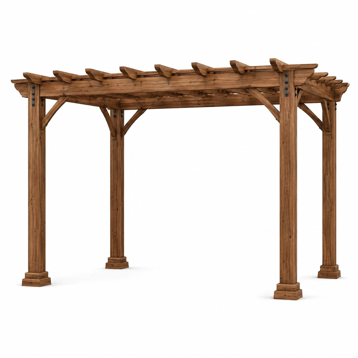 Pergola de jardin rustique en bois marron avec fixations noires, 400 x 300 x 250 cm, toit ajouré